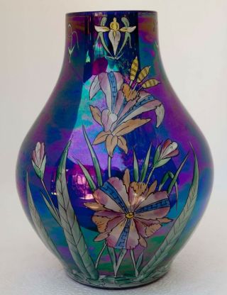 Gorgeous Fenton Iridescent Cobalt Blue Hand Painted Iris Vase