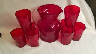 Morgantown Crinkle Glass Ruby Red Water Lemonade Tea Set.  8 Tumblers