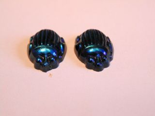 Authent Pr Of Antique Tiffany Cobalt Blue Favrile Art Glass Iridescent Scarabs