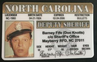 Barney Fife Don Knotts Mayberry Nc Deputy Novelty Sheriff Andy Griffith License