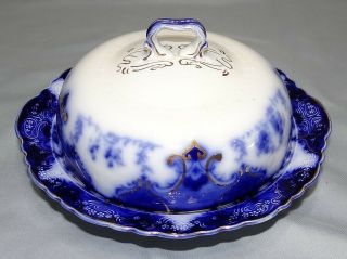 Vtg Antique Alfred Meakin Flow Blue Regent 3 Piece Covered Butter Cheese England