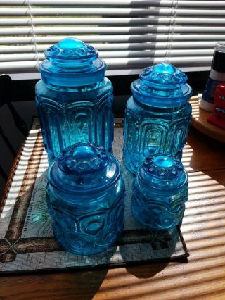 Vintage LE Smith Moon and Stars Blue Glass 4 Piece Canister Set 2