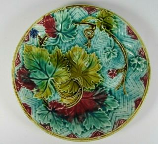 Antique French Majolica Art Nouveau Green Pink Leaves Victorian Wall Plate C1890