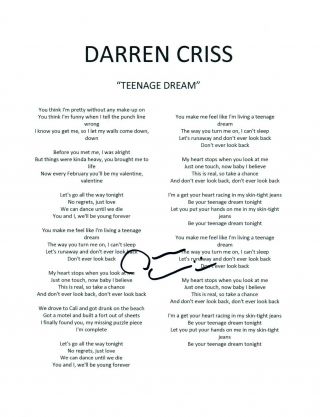 Darren Criss Signed Autographed " Teenage Dream " Glee Cover Lyric Sheet