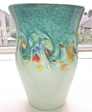 Mid 20th Century Strathearn Glass Blue V005 Vase Whorls & Millefiori 9.  5 Inches