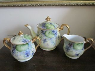 Noritake Nippon Handpainted Tea Set Pot Creamer Sugar Bowl Violets Gold