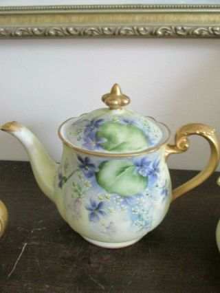 Noritake Nippon Handpainted Tea Set Pot Creamer Sugar Bowl Violets Gold 2