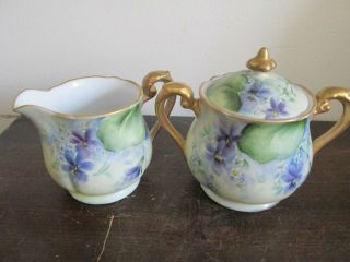 Noritake Nippon Handpainted Tea Set Pot Creamer Sugar Bowl Violets Gold 7