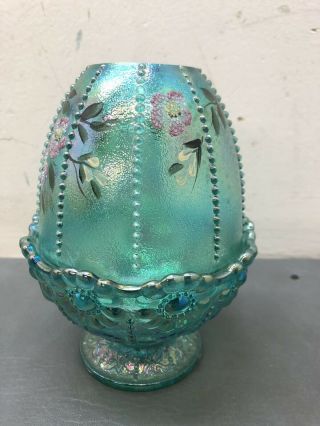 Fenton Art Glass Green Fairy Lamp Dogwood Flower Hand Painted 5.  5”