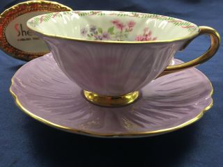 Shelley Mauve Stocks Oleander Footed Cup And Saucer Gold Trim 13532