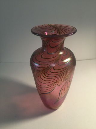 Robert Held Art Glass Vase 11” High.  Made In Canada.  Swirl Design Purple Red