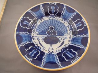 Antique Dutch Delft Pottery Blue Peacock Plate W Yellow Edge Signed 9 "
