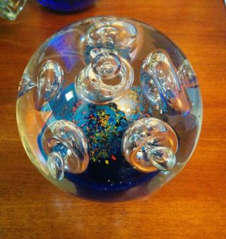 Vintage Heavy Hand Blown Cobalt Blue Controlled Bubble Art Glass Paperweight