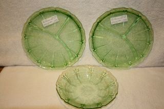(2) Cherry Blossom Green 9 " Grill Plates And (1) Green 7 3/4 " Flat Soup Bowl