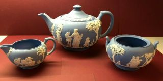 Vintage 1951 Wedgwood Jasperware Light Blue And White Teapot,  Creamer,  Sugar