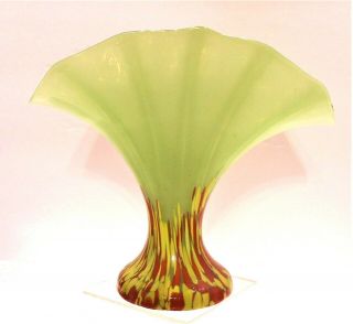 Signed Czech Franz Welz Fan Vase Yellow Red Green Spatter Glass Art Deco