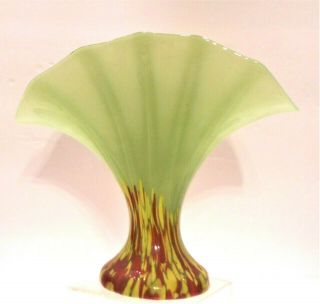 Signed Czech FRANZ WELZ Fan Vase Yellow Red Green Spatter Glass Art Deco 2