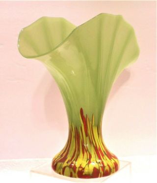 Signed Czech FRANZ WELZ Fan Vase Yellow Red Green Spatter Glass Art Deco 3