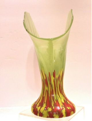 Signed Czech FRANZ WELZ Fan Vase Yellow Red Green Spatter Glass Art Deco 5