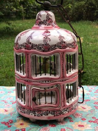 Vintage French Faience Porcelain Birdcage W/ Bird On Perch