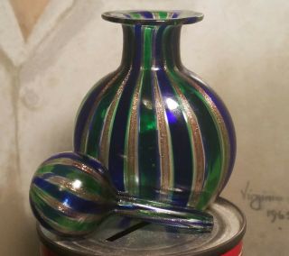 Striped Vtg Murano Art Glass Perfume Bottle Blue Green Gold Flecking Italian