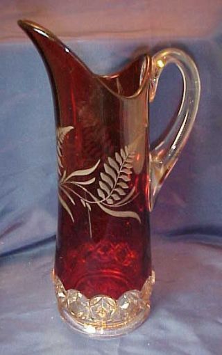 Eapg Findlay Glass Pillow Encircled Ruby Flash Stained Pattern Pitcher Etched
