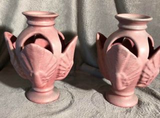 Rare Pair Niloak Vases Pottery Planter Salmon Pink Leaf Scalloped Shell Vintage