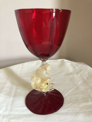 Vintage Salviati Murano Venetian Ruby Red Glass Gold Dolphin Wine Goblet