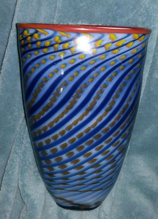 Hand Blown 10 " Blue With Multi Color Glass Vase