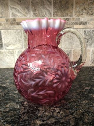 Fenton Ruffled Cranberry Opalescent Frosted Daisy And Fern 2 Qt Pitcher