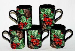 Fitz & Floyd Fine Porcelain Set Of 5 Holiday Pine 8 Ounce Mugs
