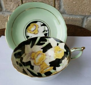 Paragon Daffodil Black Chintz Wide Mouth Pale Green Tea Cup & Saucer