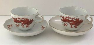 Red Dragon Meissen Cups & Saucers W/gold Detailing & Scallop Rims