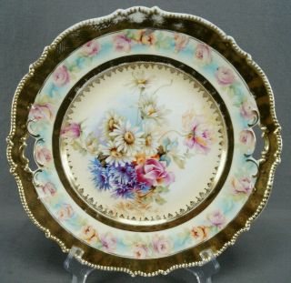 Rs Prussia Mold 343 Pink Rose Floral & Heavy Gold Cake Plate Circa 1904 - 1910