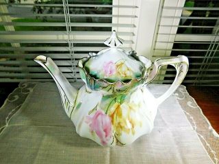 Rs Prussia Hanging Tulips Floral Small Teapot Gold Trim