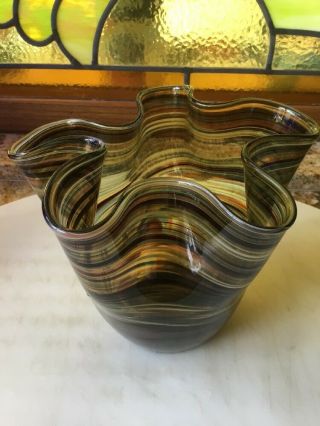 Vintage Murano Art Glass Handkerchief Striped,  Ruffled Rim 5” Vase 6
