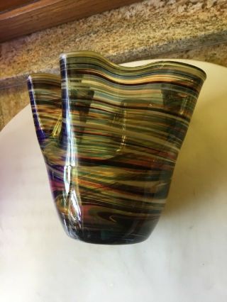 Vintage Murano Art Glass Handkerchief Striped,  Ruffled Rim 5” Vase 7