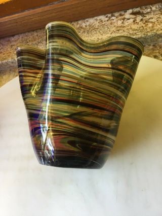 Vintage Murano Art Glass Handkerchief Striped,  Ruffled Rim 5” Vase 8