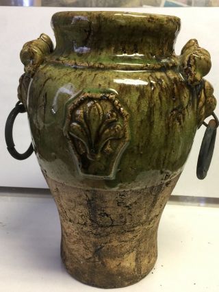 Rare Vintage Half Glazed Stoneware Water Jug Vase Metal Rings Lion Heads