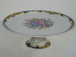 Vintage Signed T Limoges Floral Polychrome Footed Cake Platter Stand 12 "