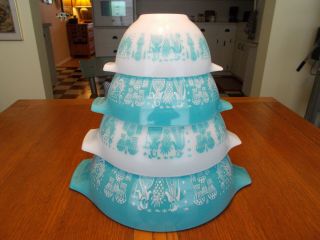 PYREX Cinderella Mixing Bowl Set (4) Amish Butterprint Blue / White 3