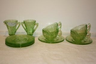 Cameo Green Tall Creamer & Sugar,  (4) Cups & Saucers,  (5) Sherbet Plate/saucers