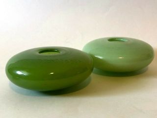 Two Henry Dean Signed Studio Hand Blown Crafted Art Glass Green Vases