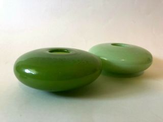 Two Henry Dean signed studio hand blown crafted art glass green vases 2