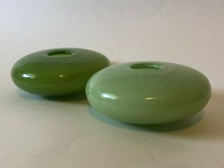 Two Henry Dean signed studio hand blown crafted art glass green vases 3