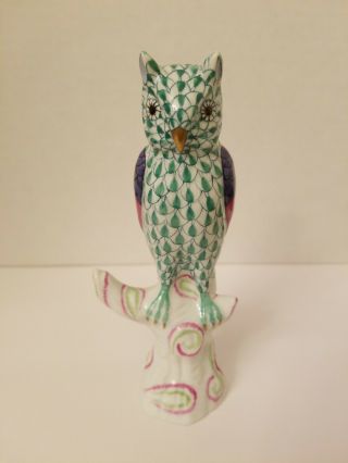 Herend Green Fishnet Owl On Branch Hand Painted Figurine