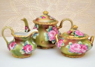 Antique Hand Painted Nippon Japan Floral Gold Tea Pot Sugar Creamer Set