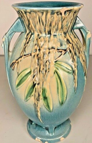 Antique Roseville Pottery Blue Vase W/ Yellow Flowers 784 - 10