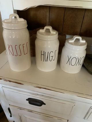 Htf Magenta Rae Dunn Set Of 3 Canisters Kisses,  Hugs,  And Xoxo Rare