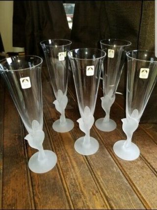 Sasaki Crystal Stemware Set Of 5 Champagne Flutes Glasses - Frosted Wings,  Doves